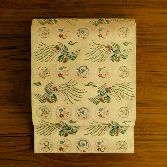 川島織物製　丸紋に鳳凰の模様　本袋帯【中古品】