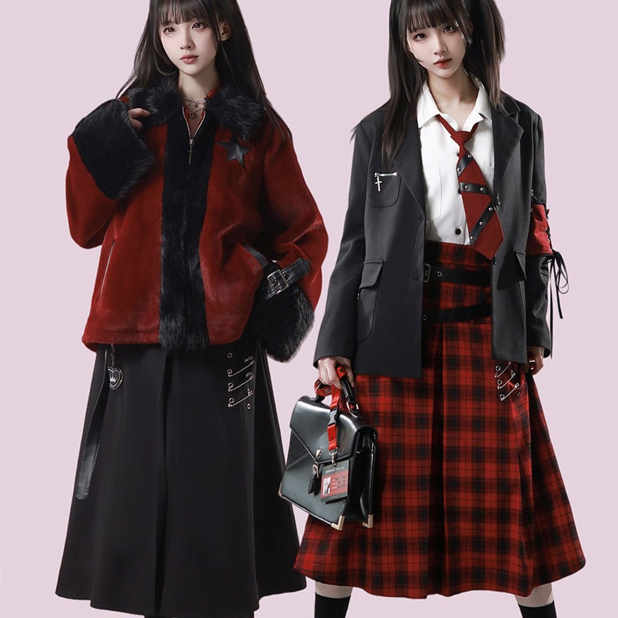 パンク スカート ベルト×安全ピン ゴシックサブカル 赤×黒 2カラー