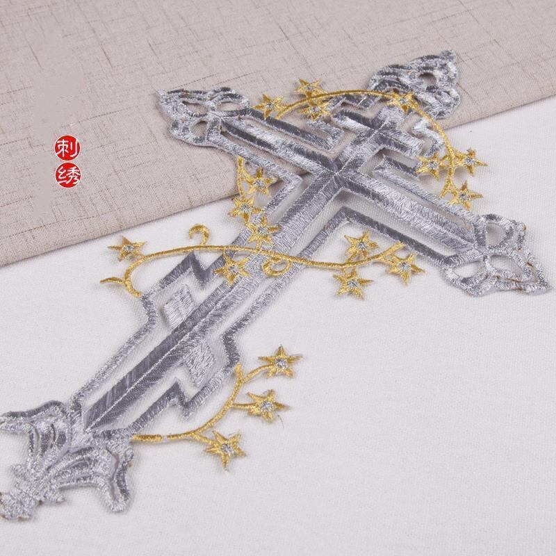 アイロンワッペン シルバークロス 刺繍 銀十字架 クロス 大きいサイズ