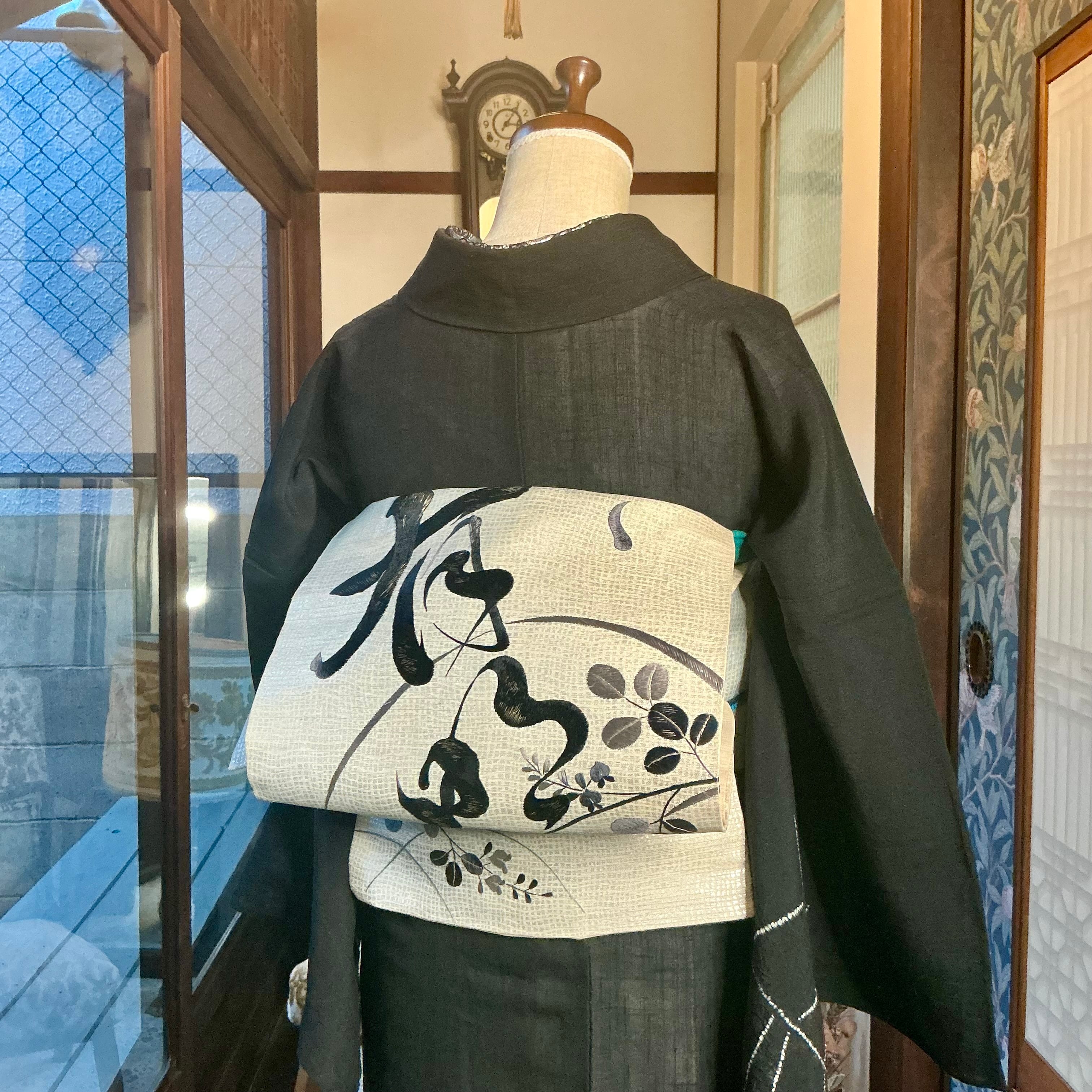見事な手刺繍 アンティーク夏帯 紗 露芝 雁 黄色 大正ロマン リメイク アンティーク帯 | kimono tento