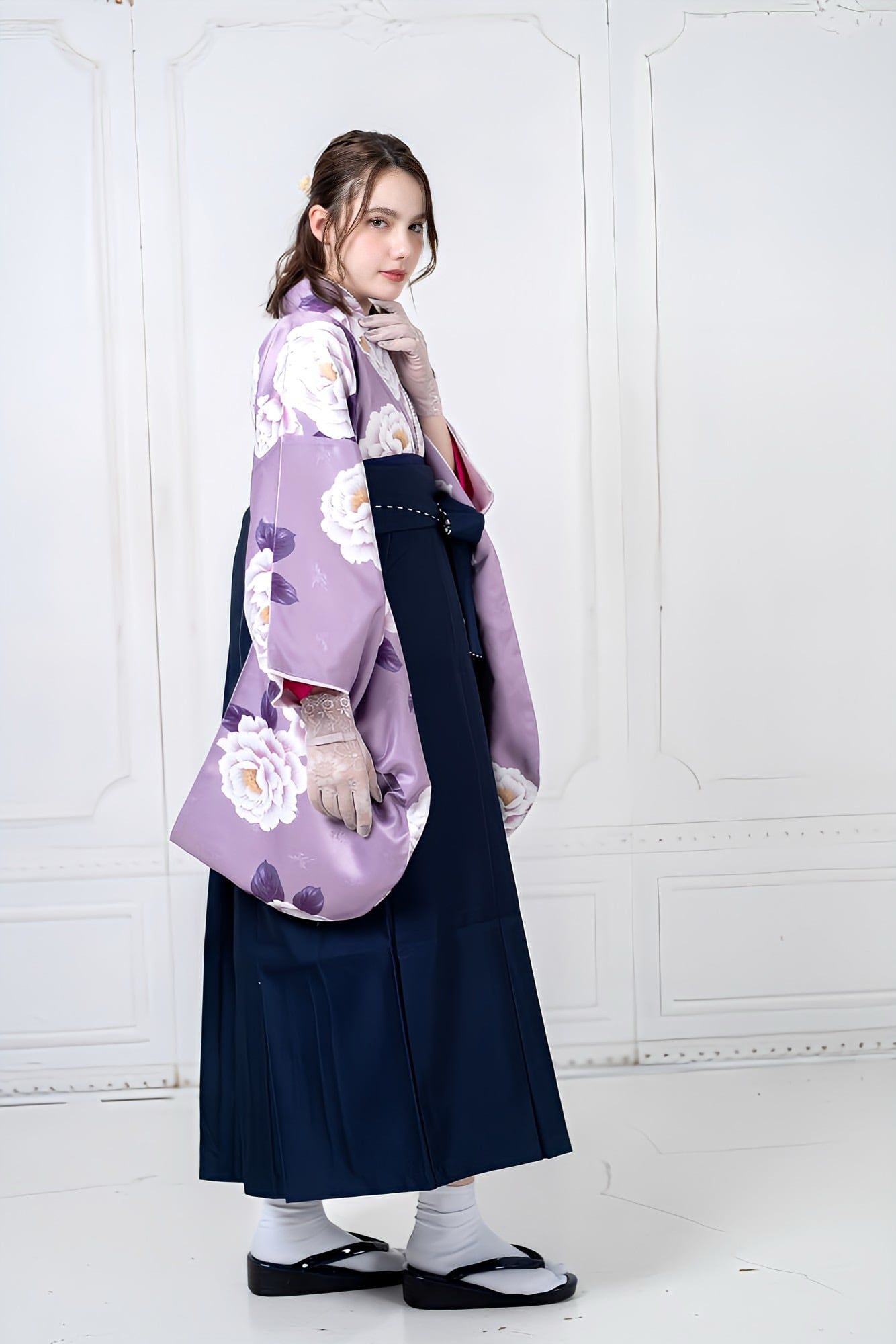 バービー着物(濃い紺紫系?) Kimono Sienne 卒業式袴3点セット 紫 二尺袖着物 袴 紺リバーシブル