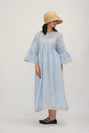 BUNON(ブノン) Wide Sleeve Frill Dress リネンシルク ワイドスリーブワンピース B BLUE