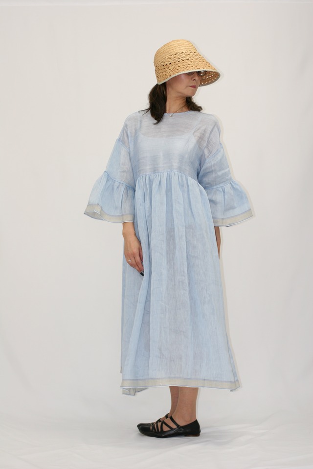 BUNON(ブノン) Wide Sleeve Frill Dress リネンシルク ワイドスリーブブラウス B BLUE