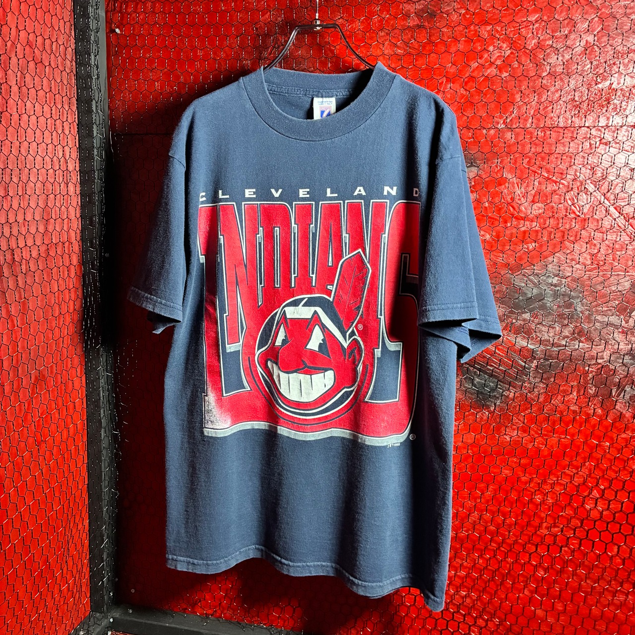 90s USA製LOGO7 MLB INDIANS ワフー酋長 ロゴTシャツ ネイビー