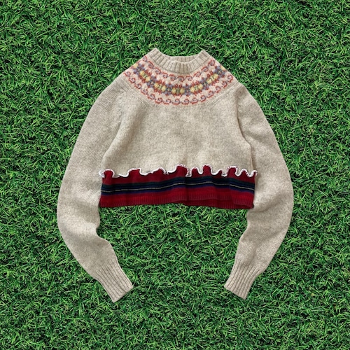 【リメイク古着】再構築メローフリルチビ丈ノルディックニット×ボーダーニット