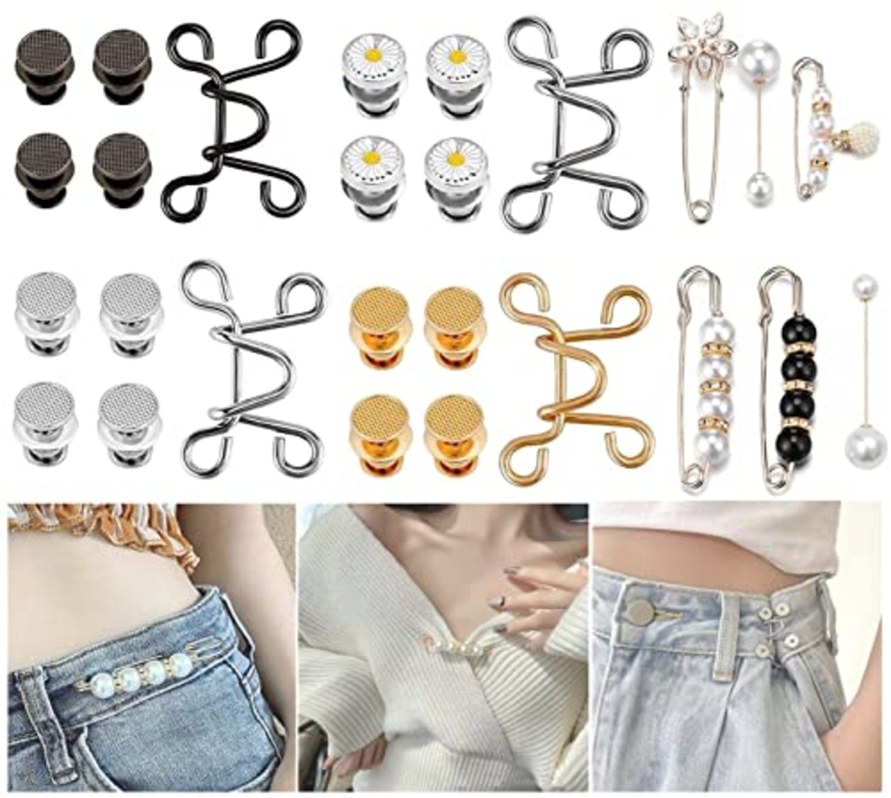 10セット ジーンズ 調整ボタン リベット付き ブローチ 安全ピン 金属 合金 人工真珠 ウエスト シャツ 縫い目ない ウエストバックル 取り外し可能なボタン 調節可能 交換用 DIY裁縫材料 アクセサリー レディース おしゃれ ジーンズボタン 装飾用 ジュエリーアクセサリー 誕生日 人気 ギフト (32mm)