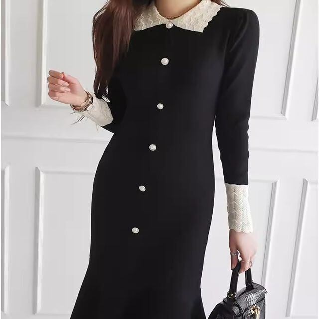 【予約販売】レディース ワンピース 長袖 ブラック 黒 膝丈 上品 おしゃれ 大人っぽい 春 春服 韓国 バイカラー ぴったり 結婚式 お呼ばれ マーメイド ボタン ワンピースドレス 個性的