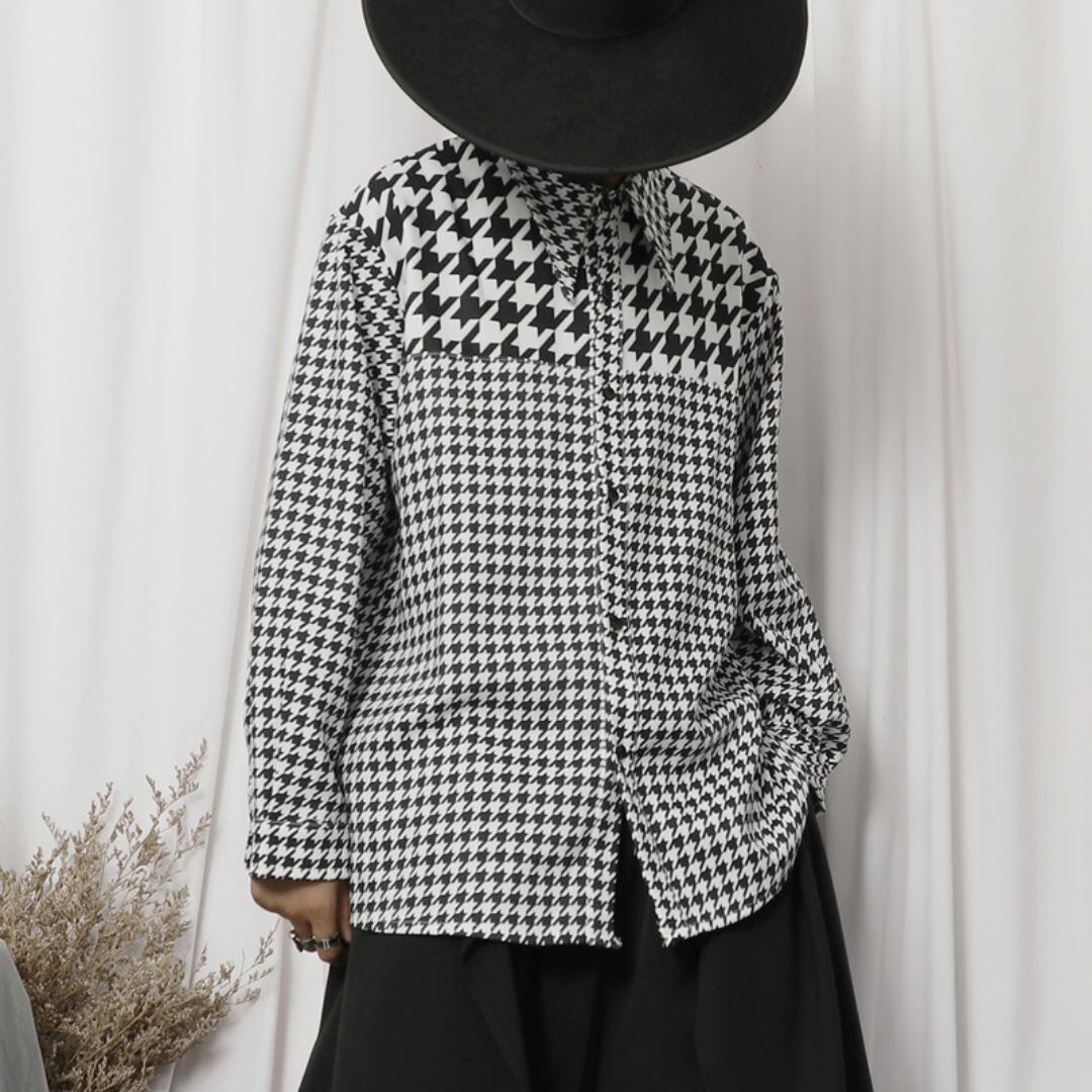 Design Checked Stitch Loose Long-Sleeved Shirt