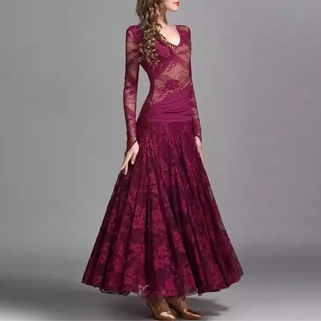 Vネック レーススリーブ スカラップヘム ダンスドレス 3col D00501