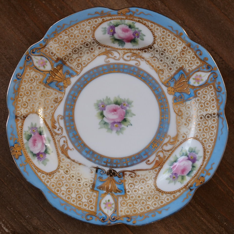 限定1客 オールドノリタケ 淡ブルー＆金彩ローズ装飾トリオ ティー