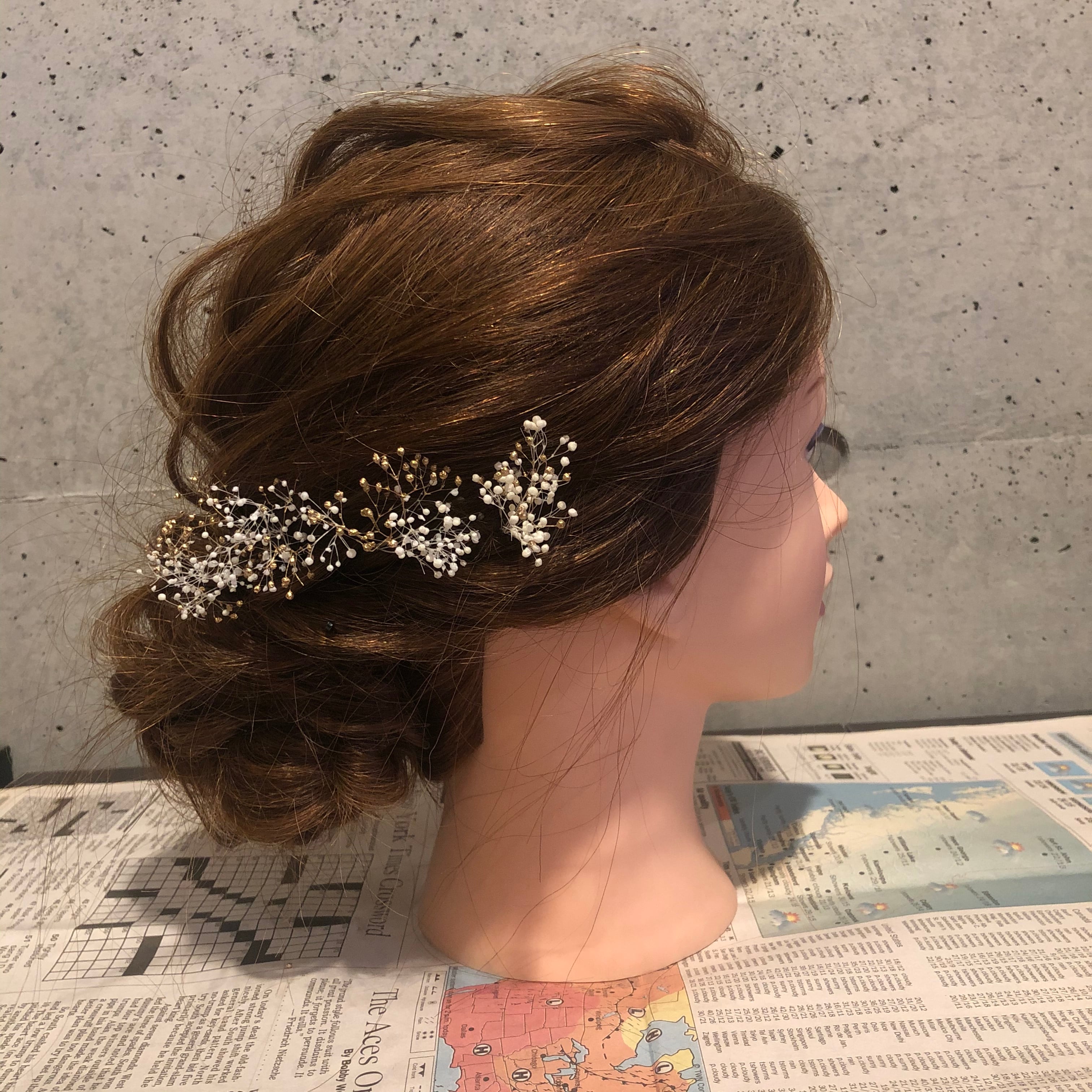 待望☆】 小枝 ヘッドドレス ゴールド かすみ草 ヘアアクセサリー 髪飾り 結婚式 金色