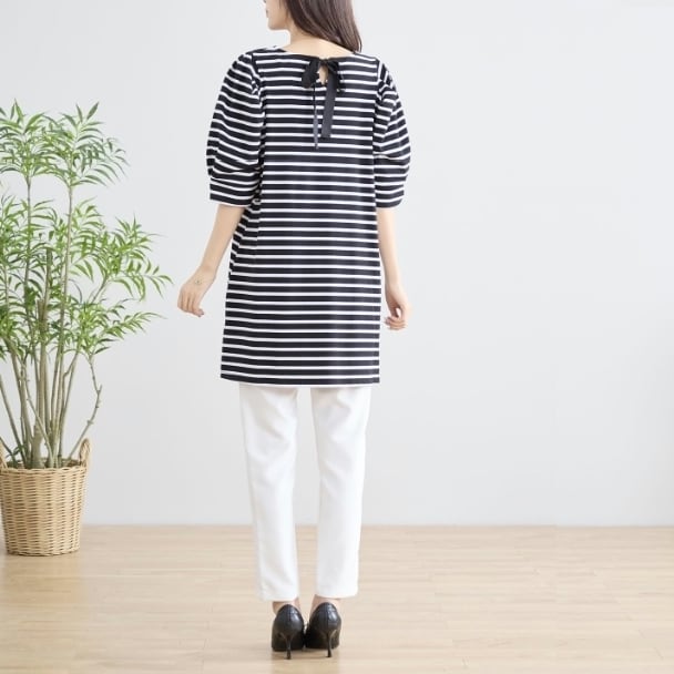 チュニック バックリボン付き ボーダー カットソー ロングTシャツ N83