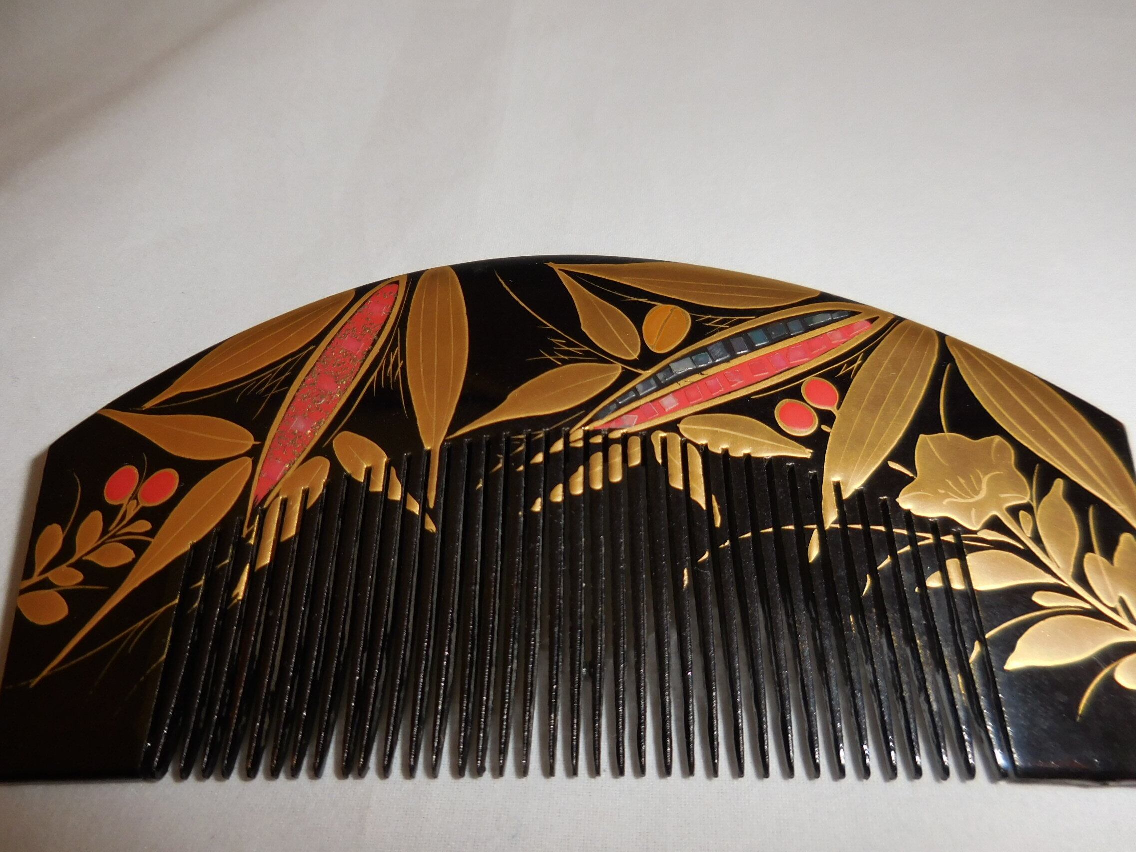 漆の櫛と笄(黒) Urushi lacquer work ornamental comb and hair pin