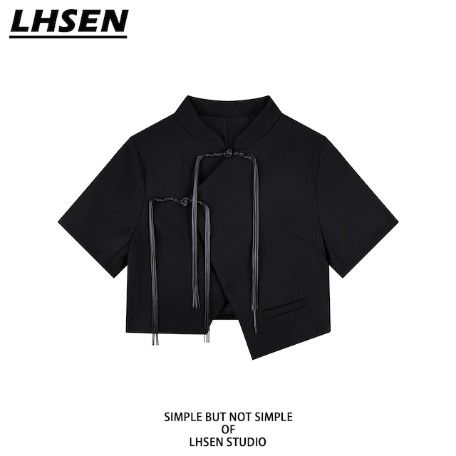 【LHSENシリーズ】★チャイナ風トップス★ シャツ 半袖 アウター レディース 個性的 チャイナボタン 夏服 黒い