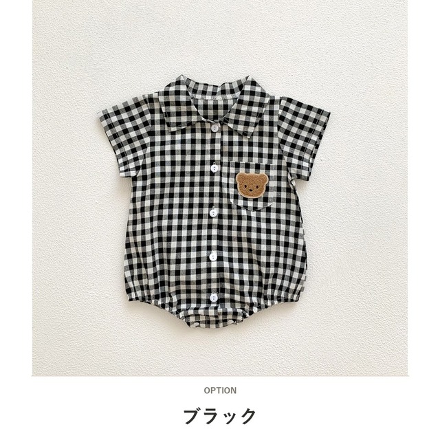 【BABY】くまパッチチェック半袖シャツロンパース - 3