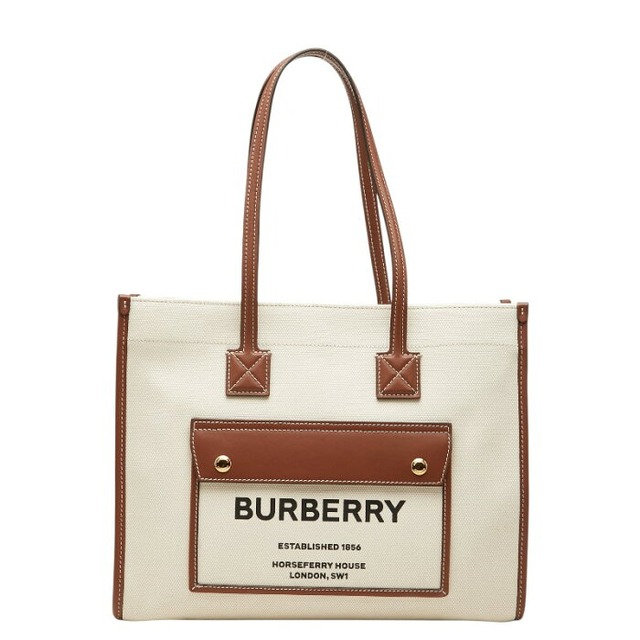 バーバリー スモール フレイヤ トートバッグ ショルダーバッグ 8044138 アイボリー ブラウン キャンバス レザー レディース BURBERRY 【中古】