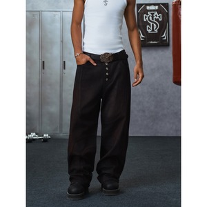 【DRIP6849】STKD Dark Red Waxed Button Fly Wide Straight Denim Pants