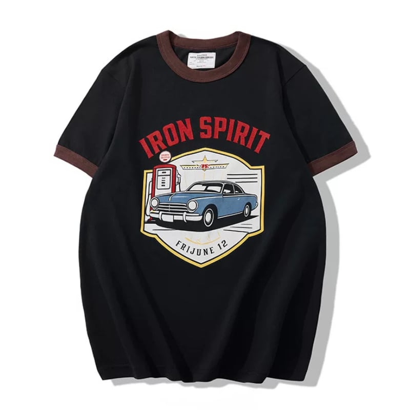 ヴィンテージカー レトロプリント リンガーTシャツ 4色 L0615