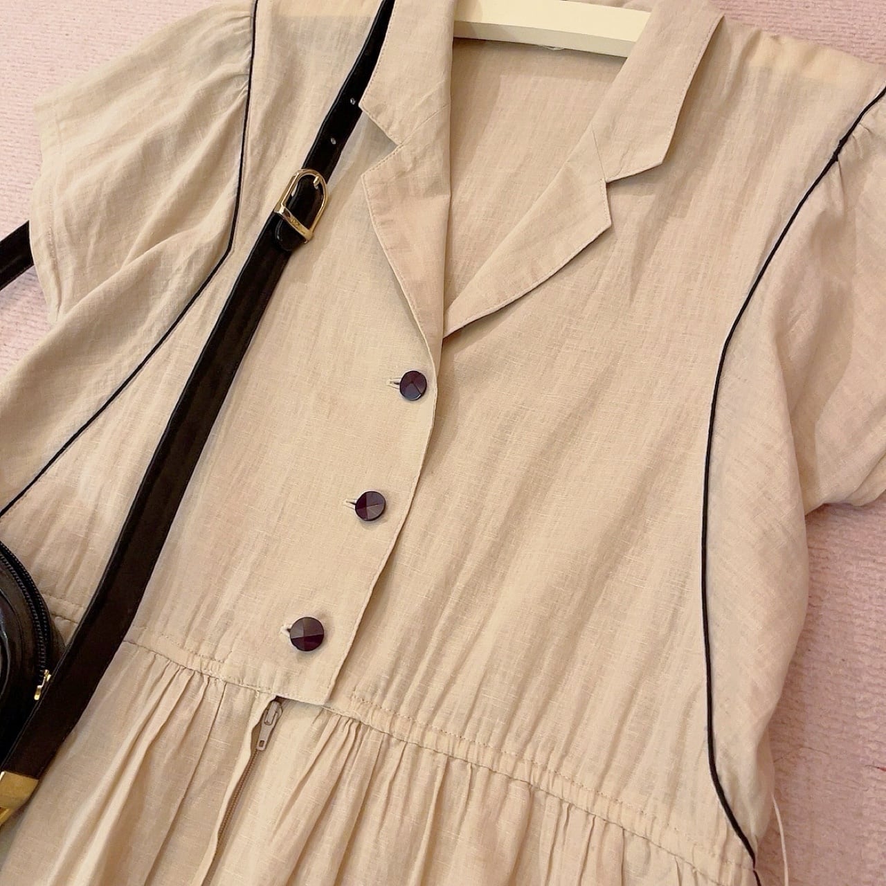 beige open collar one-piece