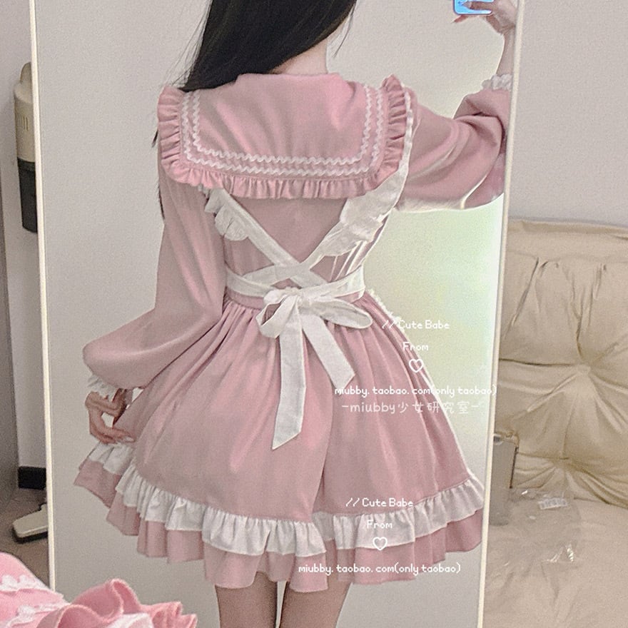 SEASONZ 長袖ワンピース セーラー襟 リボン メイドワンピ エプロン JK