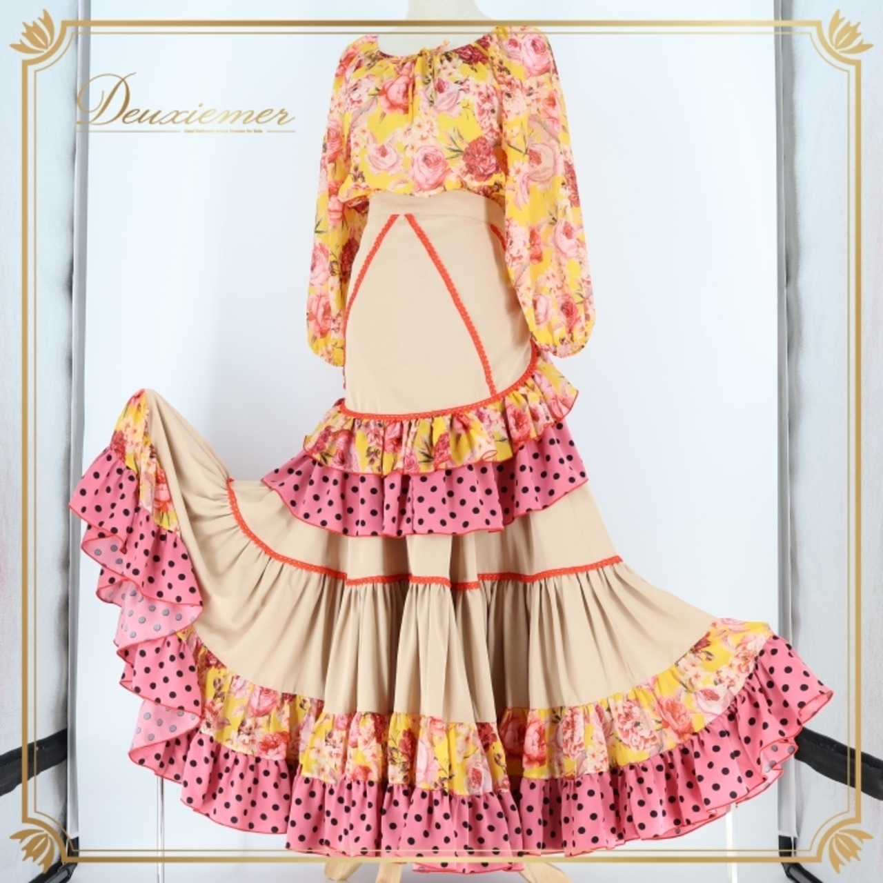 フラメンコ 衣装 ツーピース セットアップ ファルダ トップス エプロン スカート DOCE del FLAMENCO ドセデルフラメンコ ベージュ系 ブラウン系 オレンジ系 ピンク系 ダンス 発表会 ボランテ フリル 水玉 柄 花柄 キュート おしゃれ レディース 可愛い ステージ衣装