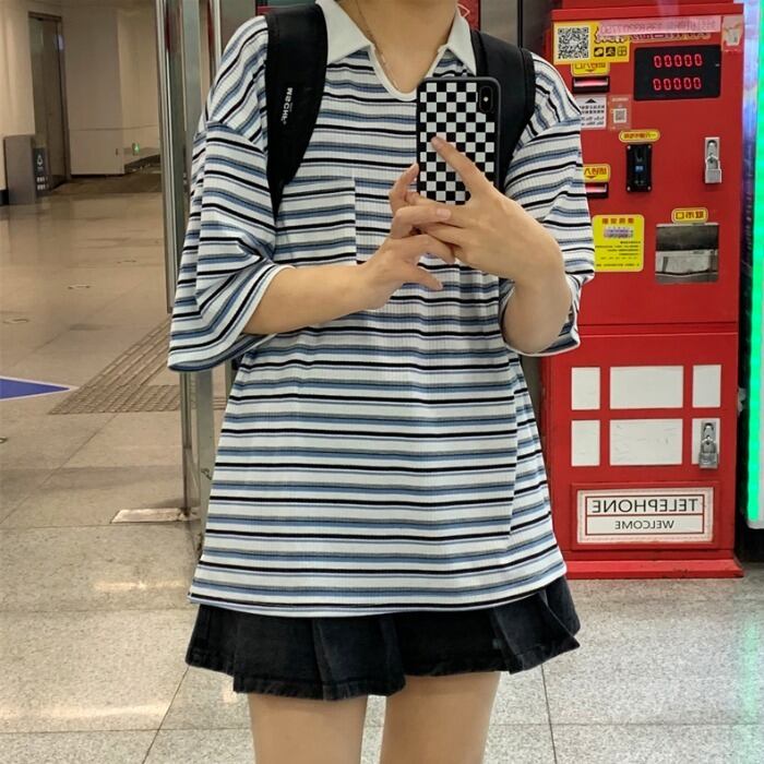 サマースタンダードスタイルカジュアルTシャツ ルーズレディースストライプカラートップス レトロ かわいい 夏物 ケッペル89409999416