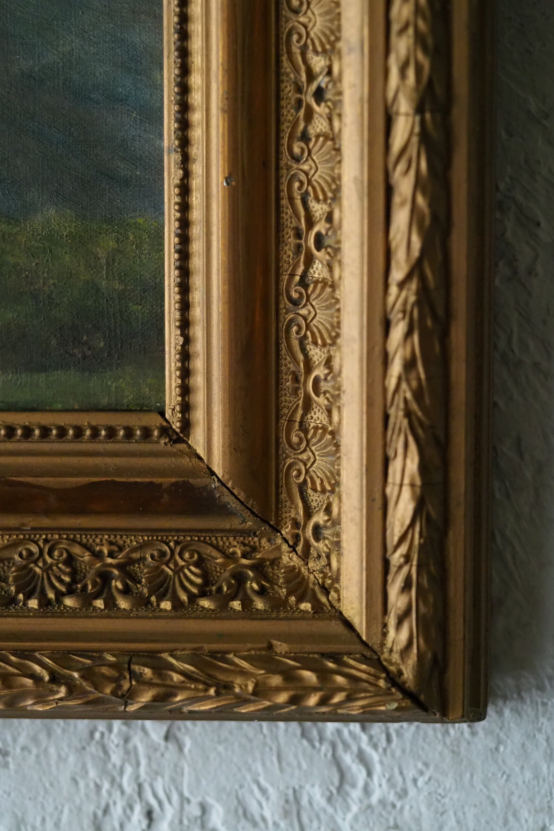 家と教会、山々を背景に 油絵-antique oil painting | アンティーク