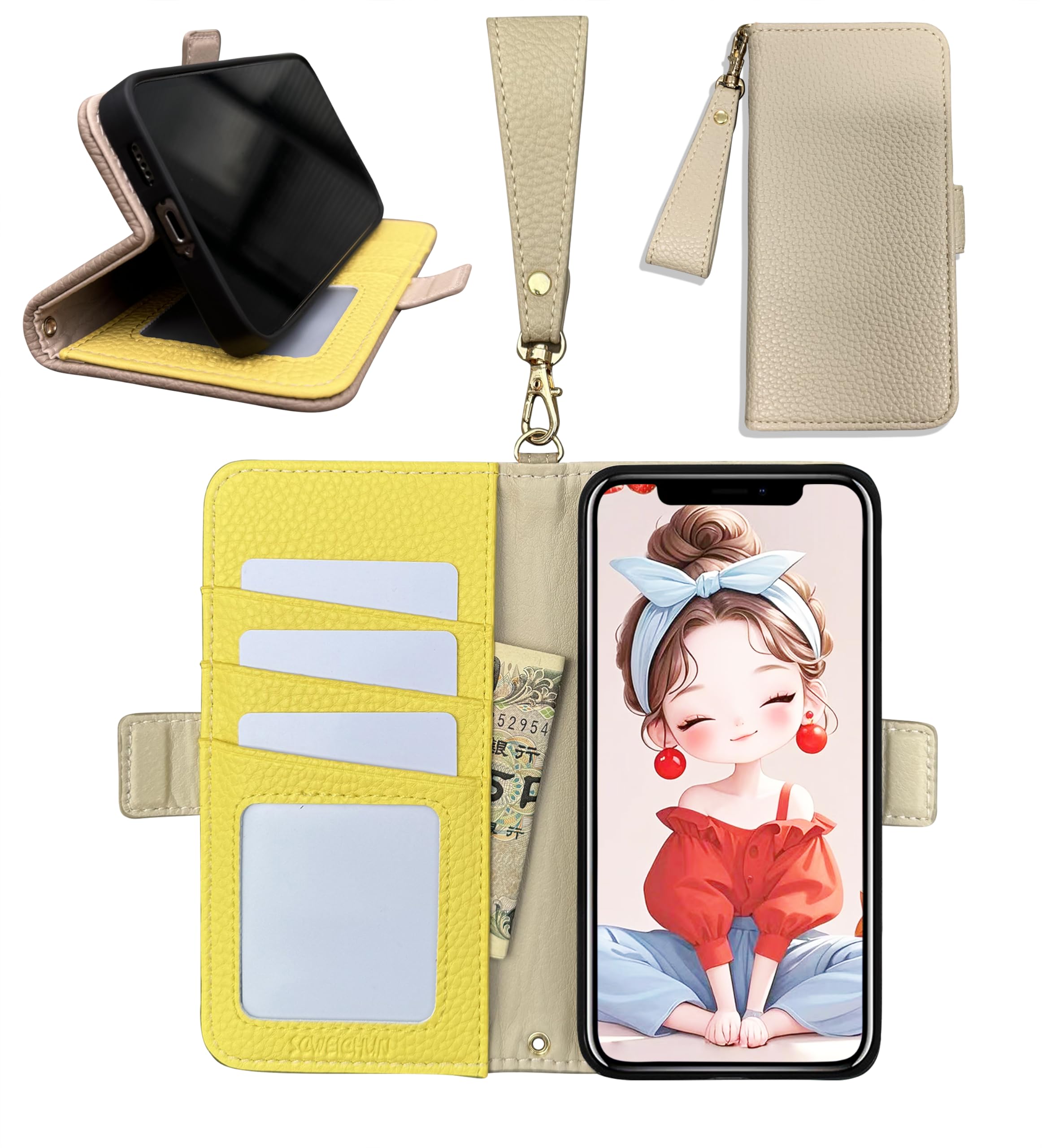SCWEICHUN手帳型ケース, PUレザー, カード収納付き, スタンド機能搭載, マグネット式, 全面保護, 女性向け (グレー+黄色です)
