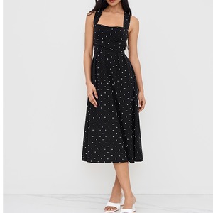 square neck polka dot ruffle dress with cross-back straps<d2522>