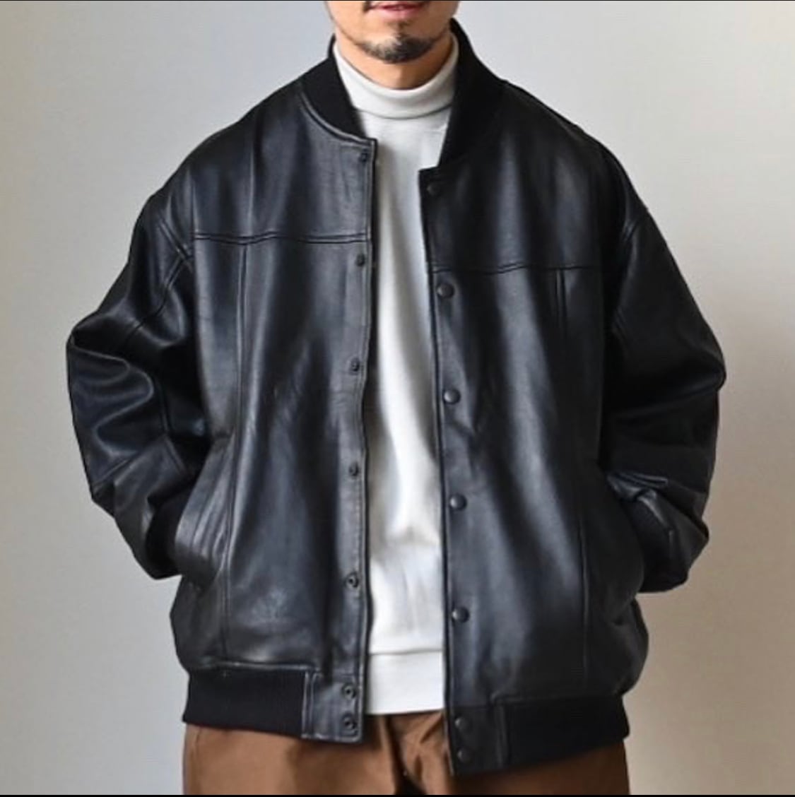 ZIP UP LEATHER STUDIUM JUMPER 袖レザースタジャン