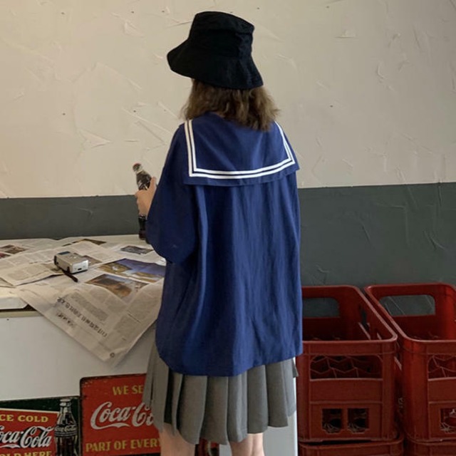 トップス 半袖 中学 制服 なんちゃって ロンTシャツ ボタントップス セーラー 襟  2019 韓国ファッション