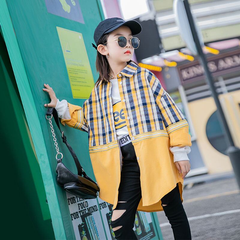 シャツ スプリングスタイル格子柄トップス ジャケット ロング コットン 春物 キッズ トレンディボーイ69761029109