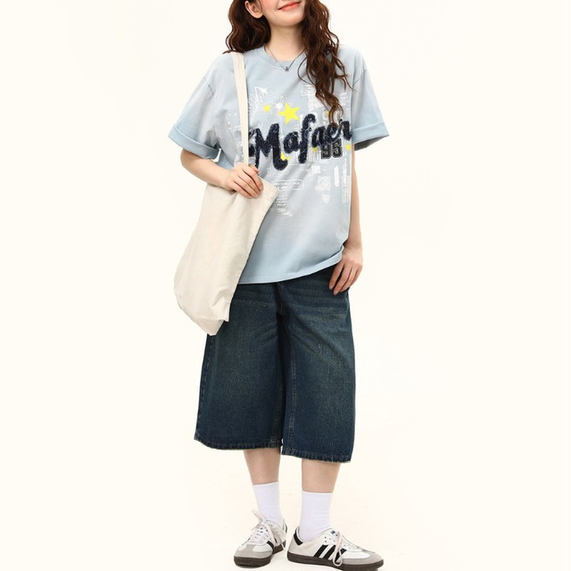 denim patchwork graffiti short-sleeve tee　デニムパッチワークグラフィティ半袖ティー　J1995