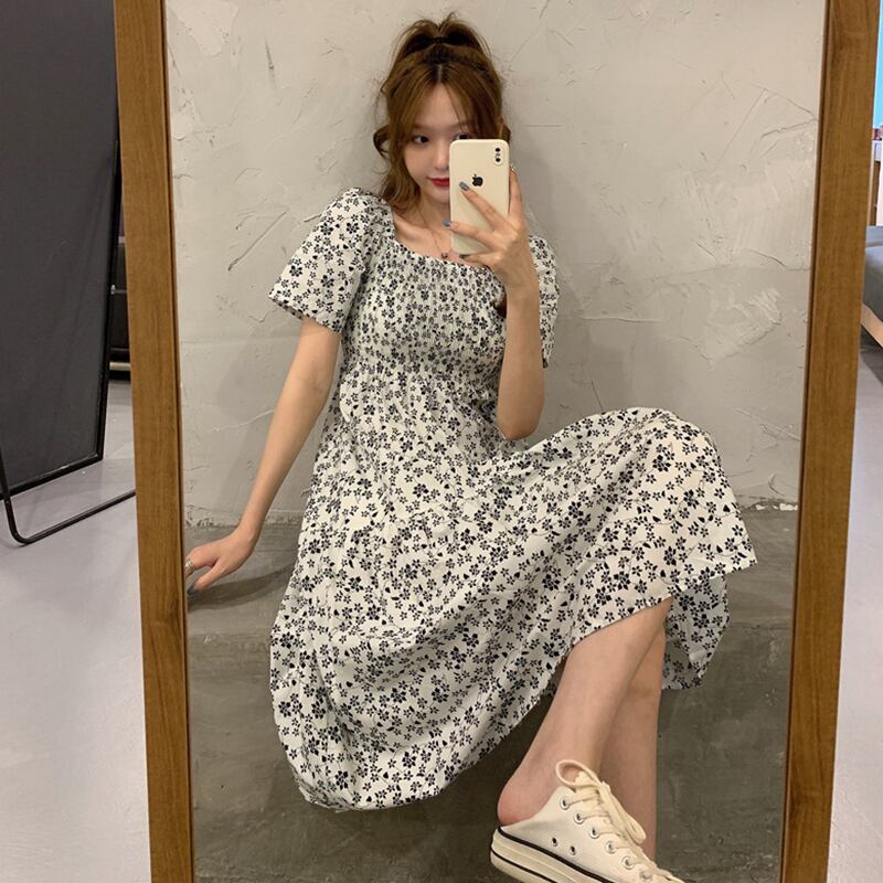 スタンダードスタイルフローラルドレス サマーAラインスカート ルーズ薄手 レトロ 夏物 花柄 スクウェア 萌量不足96622150846