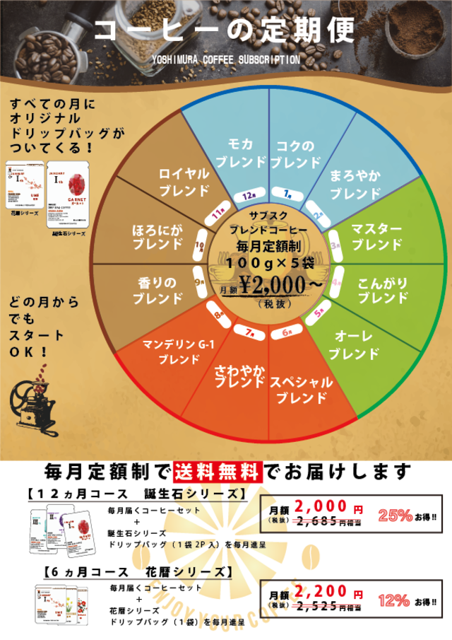 サブスクリプション　ブレンドコーヒー　１２か月誕生石シリーズ（挽き豆で届く！オリジナルブレンドライン）