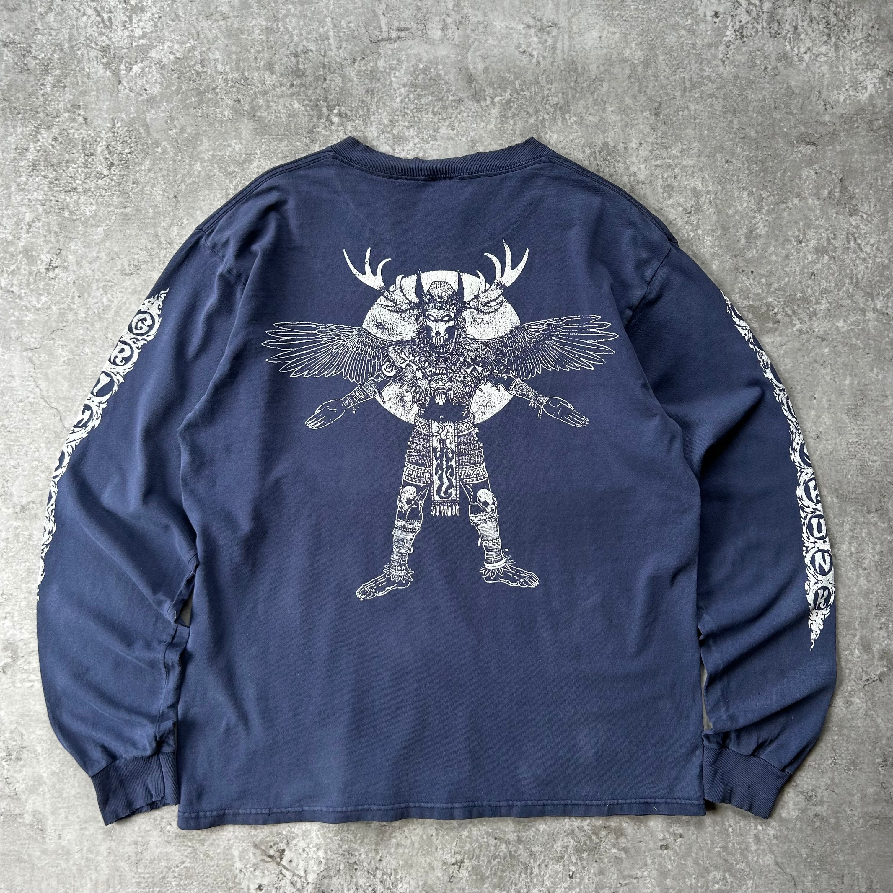 90s- インディアンモーターサイクル ロンt 墨黒 L 袖プリ ブルーフレイム 90s- インディアンモーターサイクル ロンt 墨黒 L 袖プリ ブルー