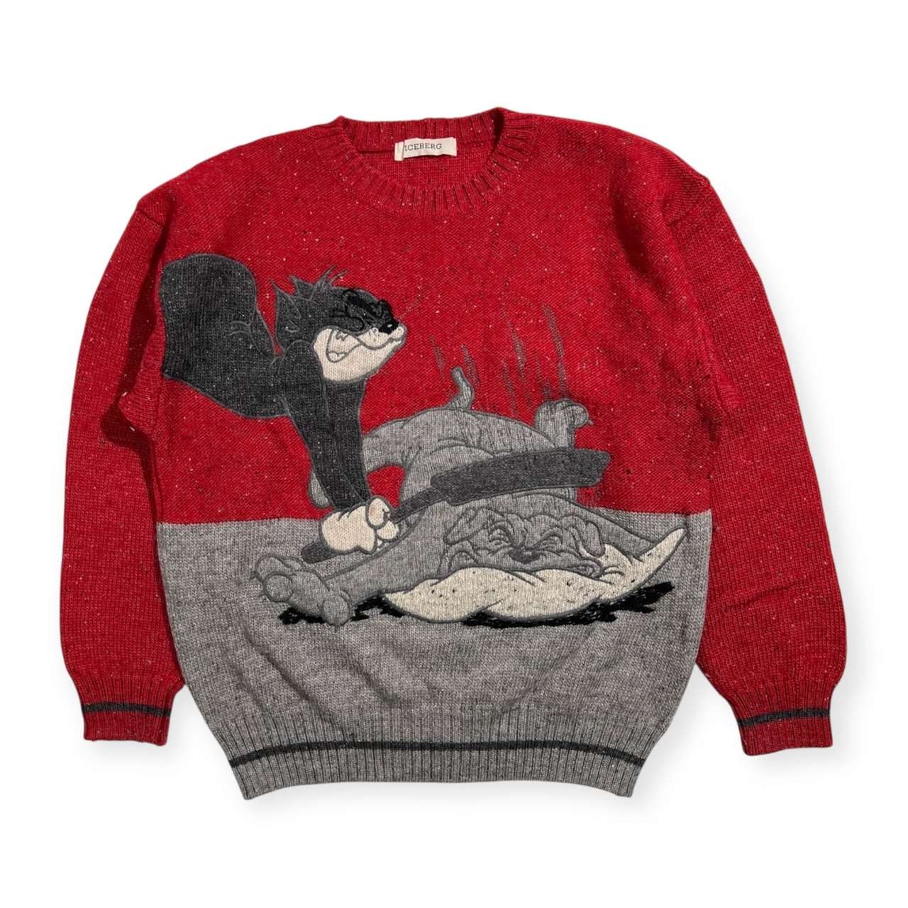 希少 90s ICEBERG アイスバーグ トムとジェリー BIG柄 ウールニットセーター サイズ M /レッド×グレー系/ビンテージ
