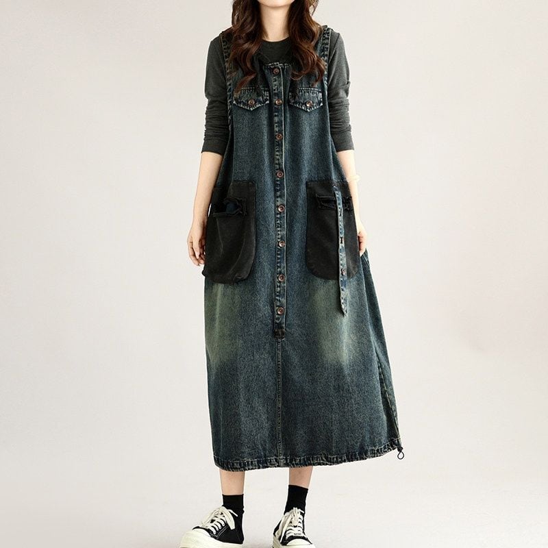 CONTRAST POCKET RELAXED SLEEVELESS MIDI DRESS M-18764