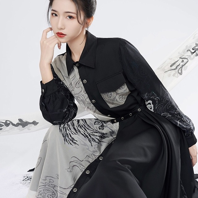 ロリータファッション通販 SEASONZ ワンピース バイカラー レトロ ChineseGothic ミドル丈 ウエストベルト付き 病み可愛い ストリート系 地雷系 ロマンティック ゆめかわ ロリータファッション lolita