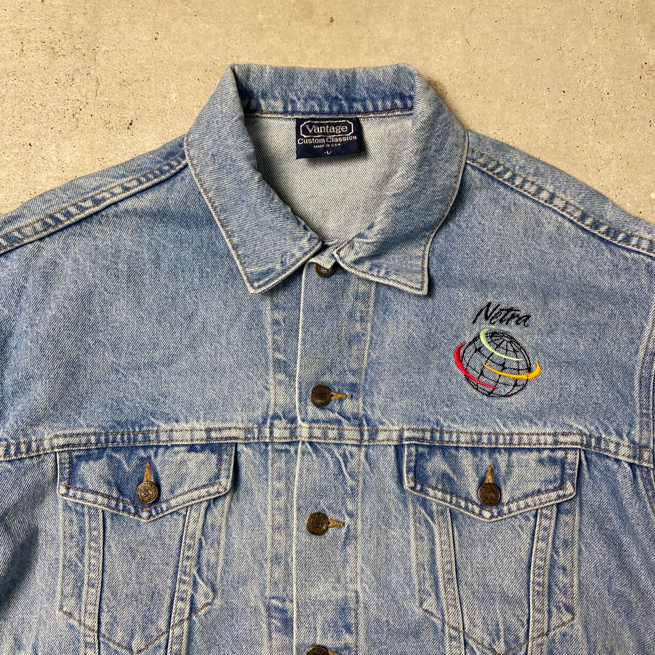 90年代 USA製 VANTAGE デニムジャケット 企業ロゴ刺繍 メンズXL相当 