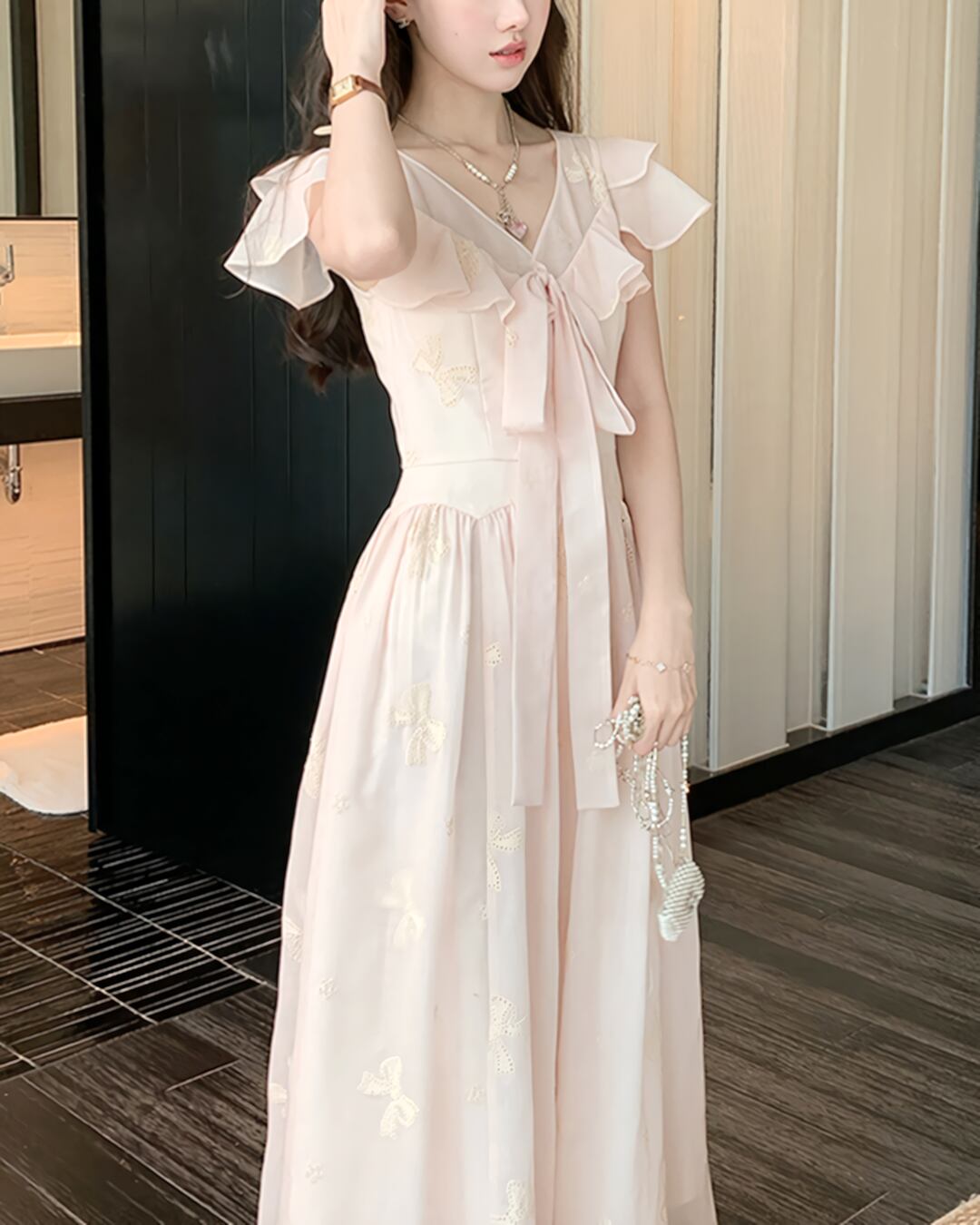 リボンパターンVネックフリルワンピース 2508041