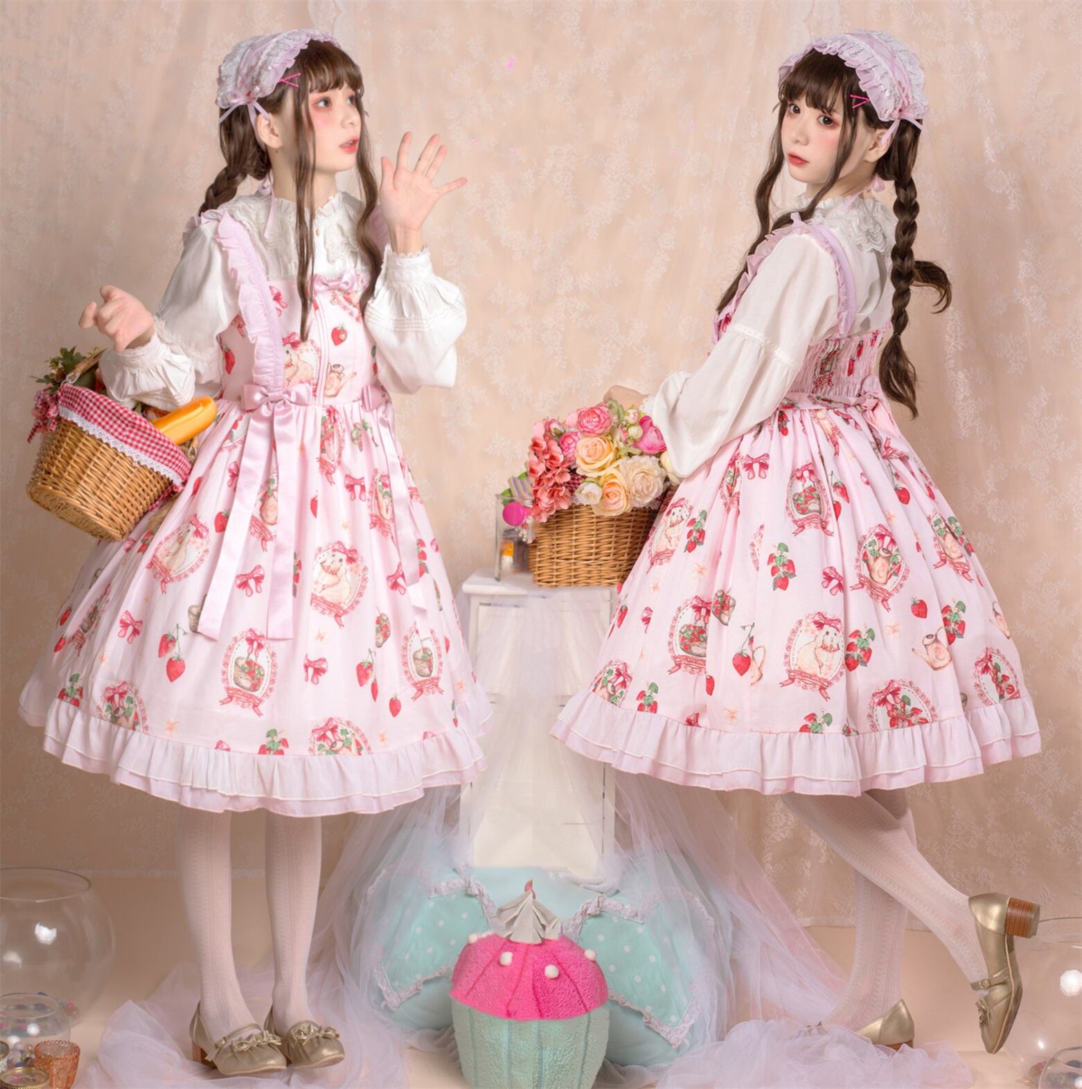 可愛い 苺柄 兎 Lolita JSK Dress 髪飾り付き ロリィタ lolita