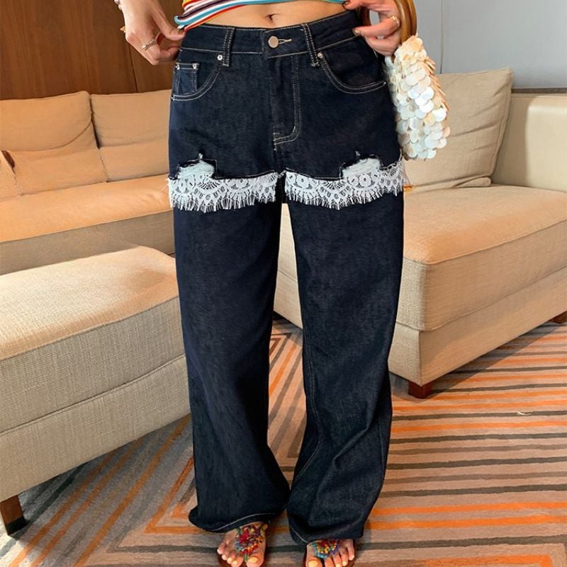 Fringe lace wide denim pants 00398