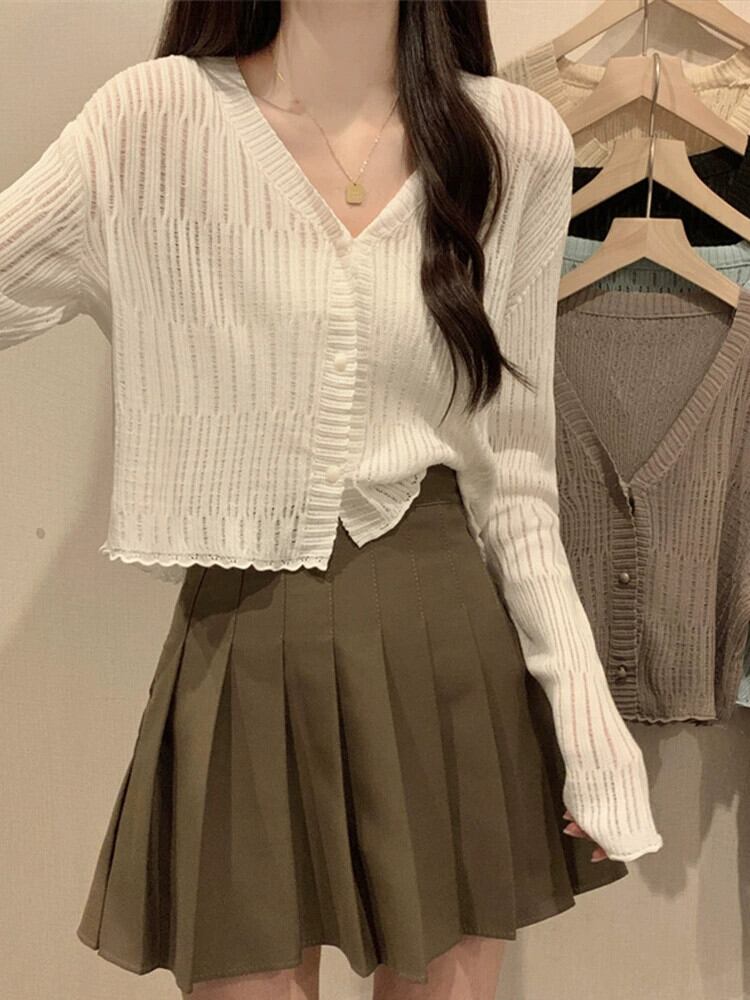薄い菌糸エッジの V ネック セーター レディース、秋用白衣、長袖日焼け止めカーディガン、スリミング ショート アウター トップ ロング ホワイト オータム 秋物 Vネック ガールズファッション18736053060