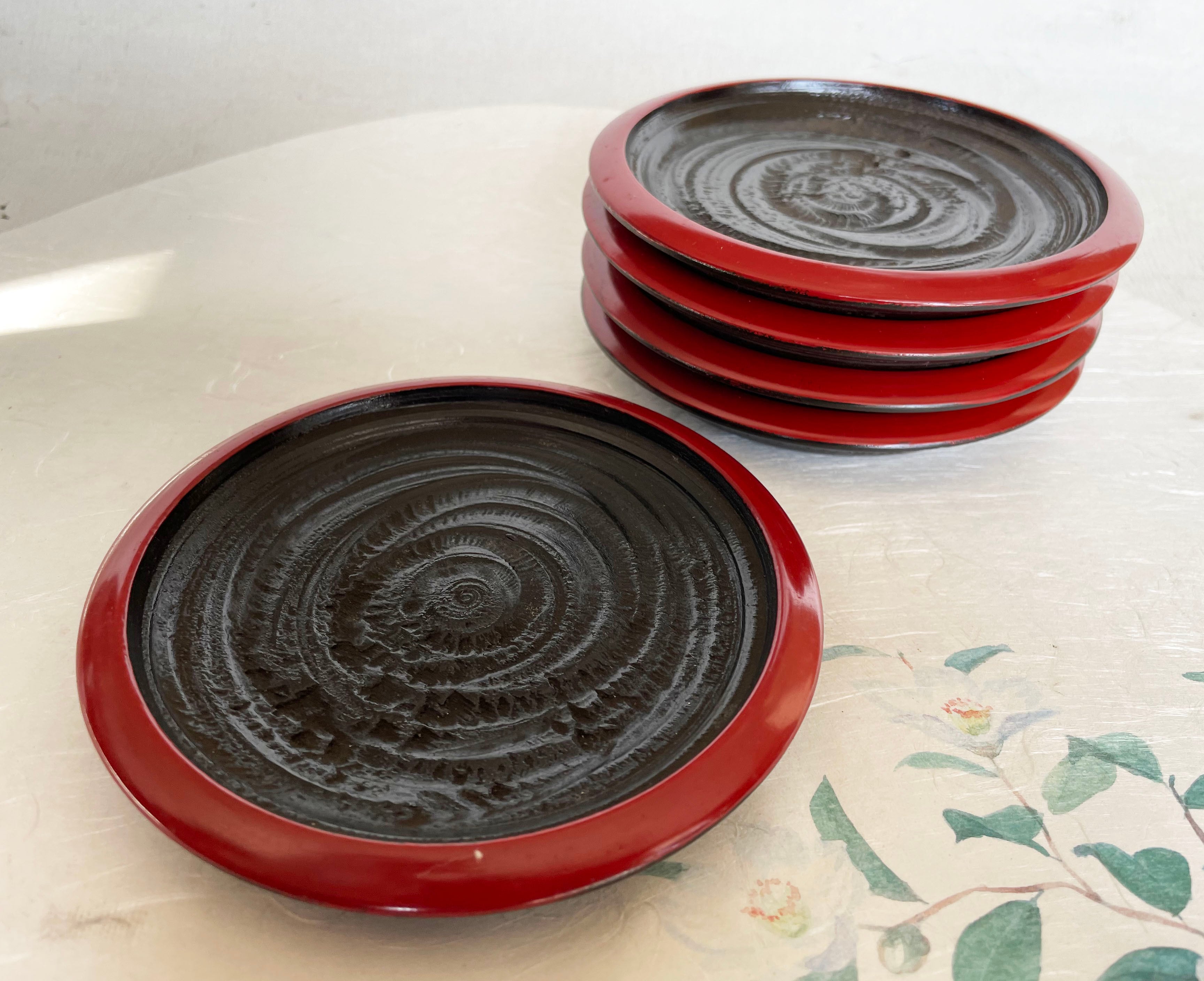 讃岐漆器 漆器 こま 茶托 5客 茶托 漆塗 総独楽塗裏後藤4.5