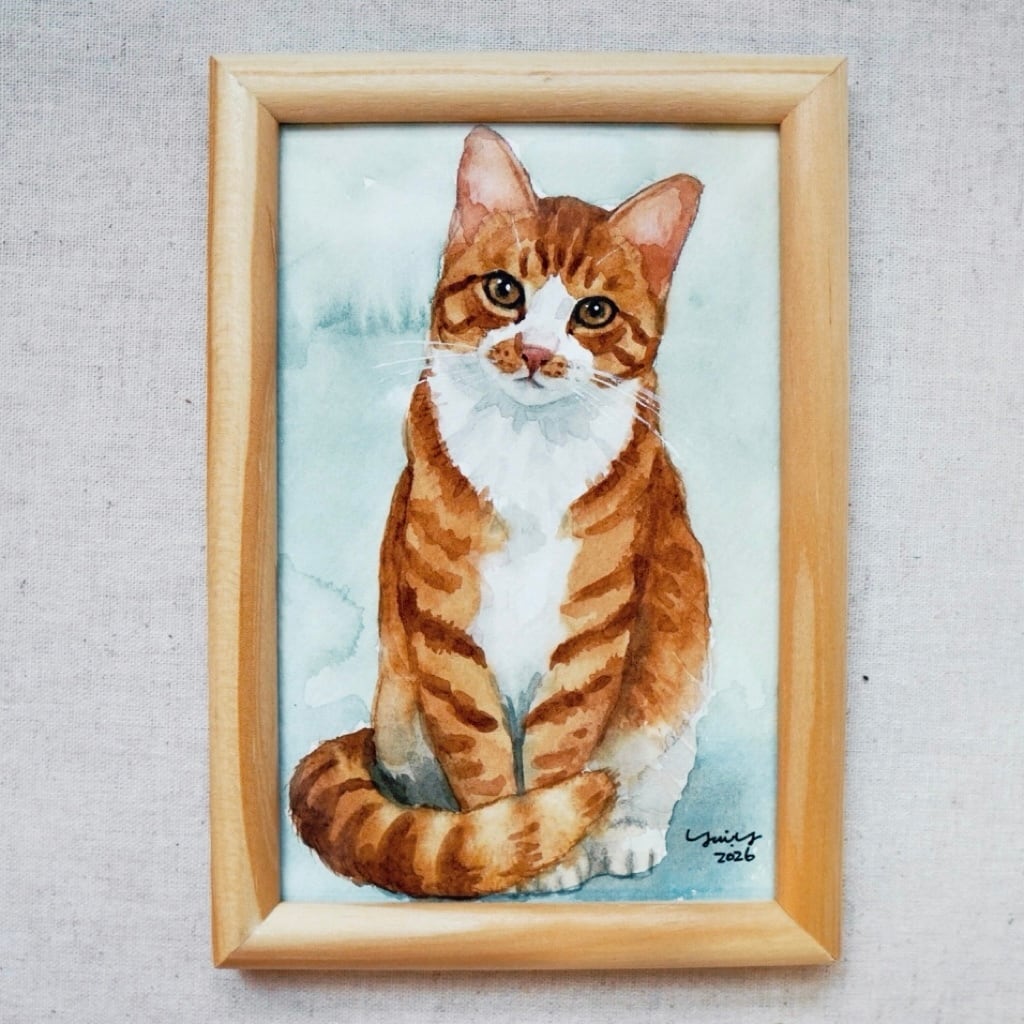 猫の絵 383 水彩画 原画 ミニ色紙 キジトラ | Forest cat