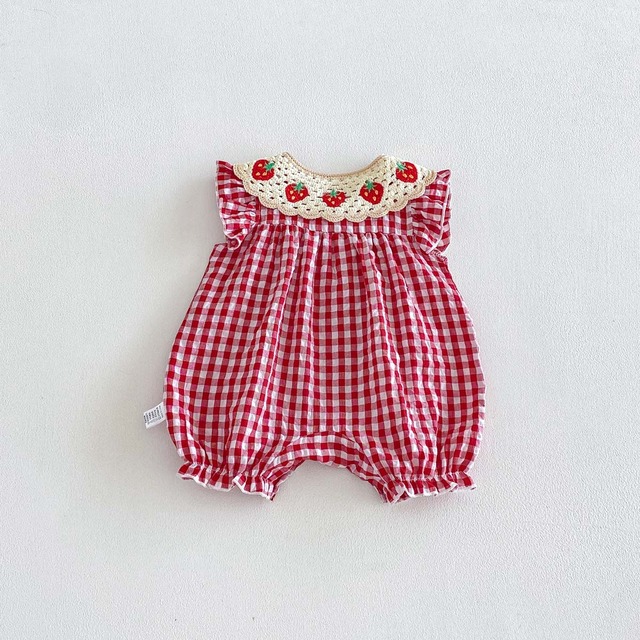 【BABY】ストロベリー刺繍チェック柄レース襟ロンパース - 16