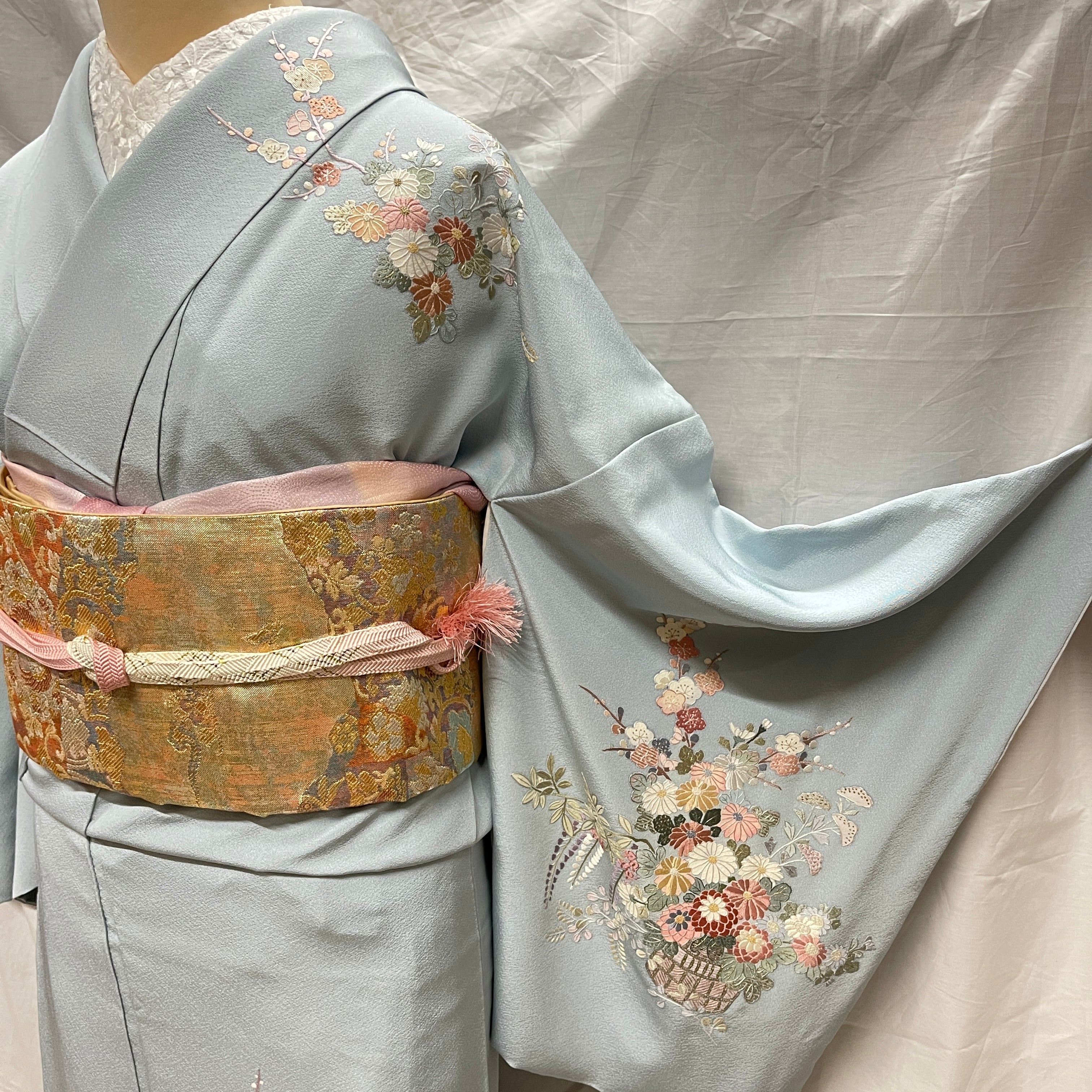 訪問着 トールサイズ ブルー系 水色 パステルカラー 蘇州刺繍 花車 四季の花 証紙あり フォーマル 結婚式 入学式 卒業式 七五三