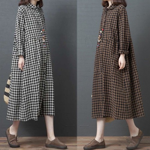 ワンピース ワンピースドレス 長袖 大きい ミドル丈 レディース マキシ レディースファッション 春 秋 大きいサイズ ワンピ 大人カジュアル 膝丈 ひざ丈 スカート チェック柄 シャツワンピース