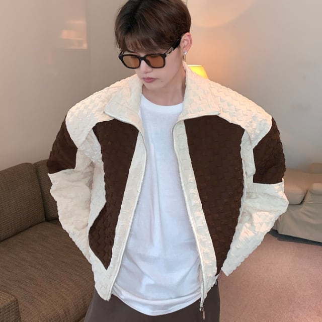 【予約販売】 ブルゾン アウター ショート丈 エンボスデザイン バイカラー ジップアップ ホワイト×ブラウン シンプル 防寒 メンズ 防寒 お洒落 こなれ感 ベーシック 秋冬 大きいサイズ M/L/XL